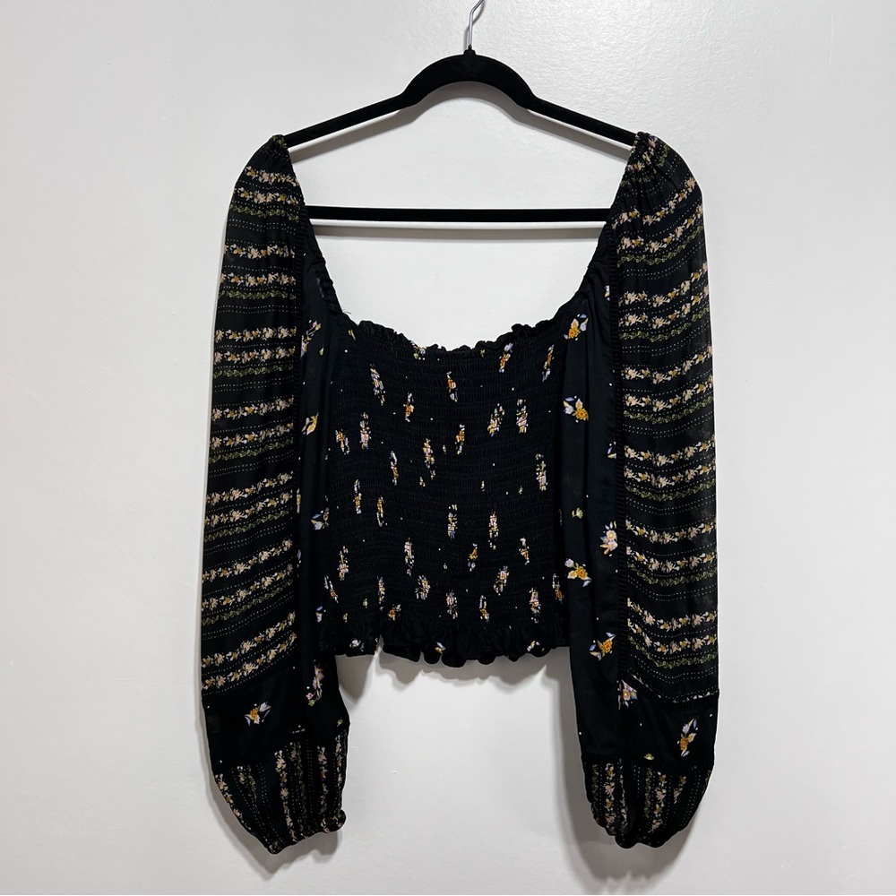SOLD Anthropologie Dolan Pieta Balloon Sleeve Smocked Floral Blouse Large Black - Picture 6 of 11